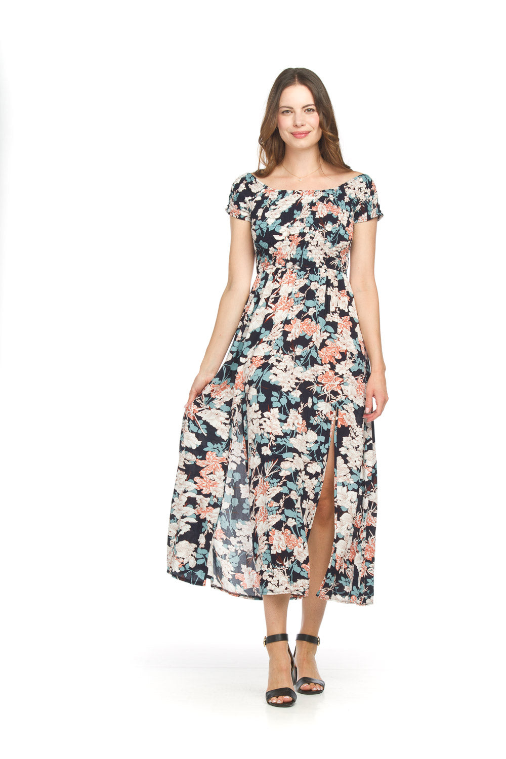 Floral Short Sleeve Smocked Dress Blue