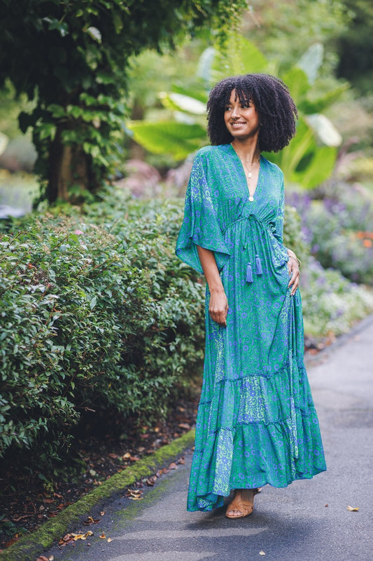 Satin Tiered Floral Wide Sleeve Dress