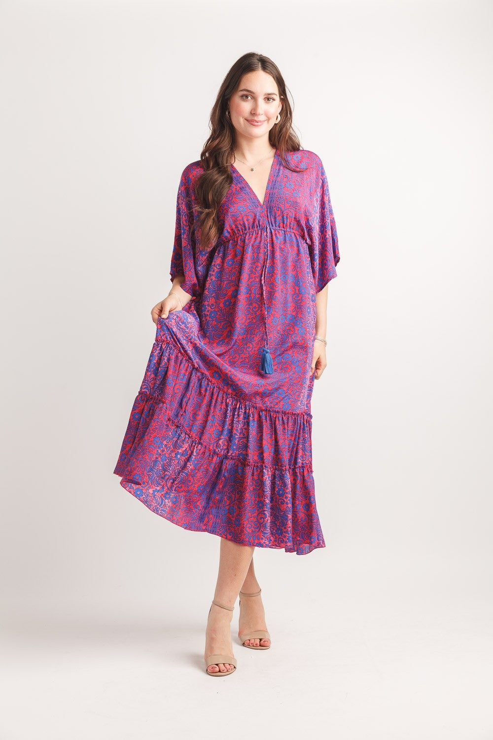 Satin Tiered Floral Wide Sleeve Dress