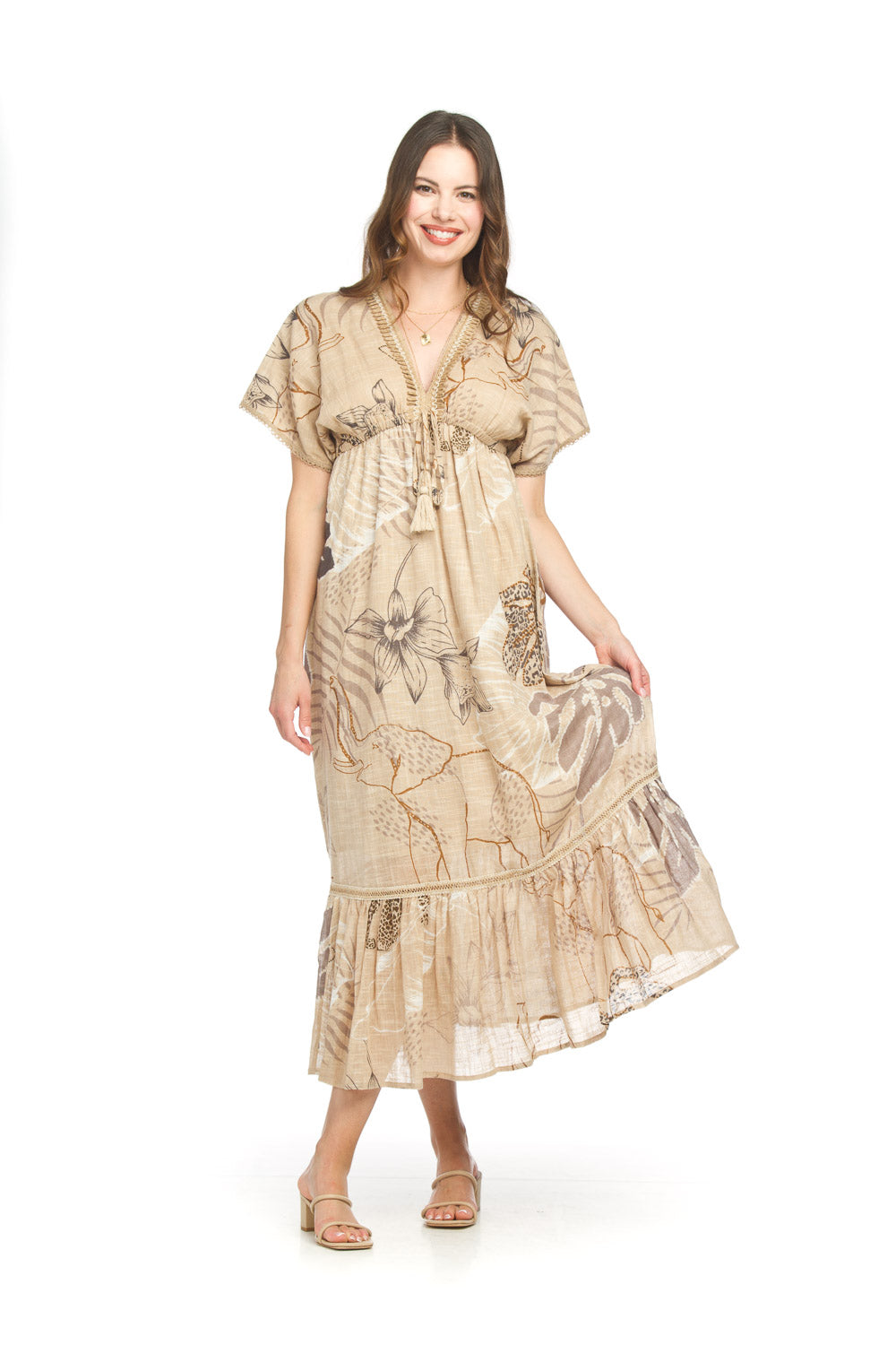 Mixed Print Cotton V-Neck Maxi Dress