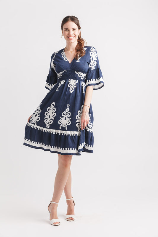 Half Sleeve Printed V-Neck Dress