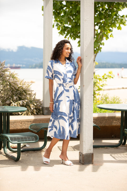 Leaf Print Collared Button Front Dress