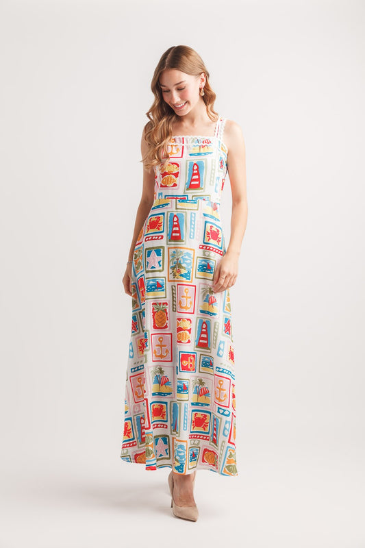 Postcard Print Sleeveless Dress
