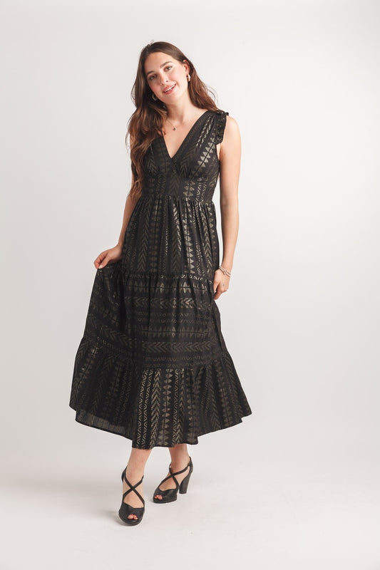 Metallic Printed V Neck Maxi Dress