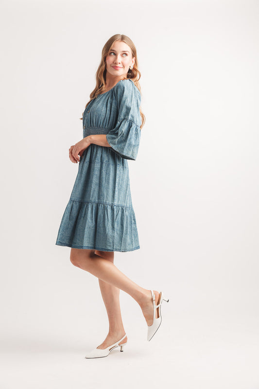 Tiered Bell Sleeve Denim Dress