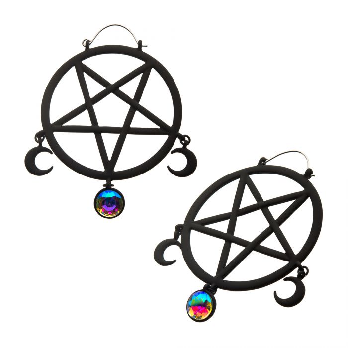 Matte Black PVD Steel Pentagram with Aurora Borealis Gem Plug Hangers