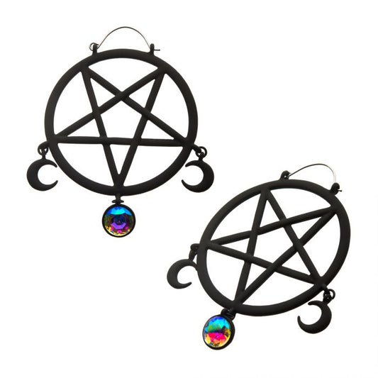 Matte Black PVD Steel Pentagram with Aurora Borealis Gem Plug Hangers