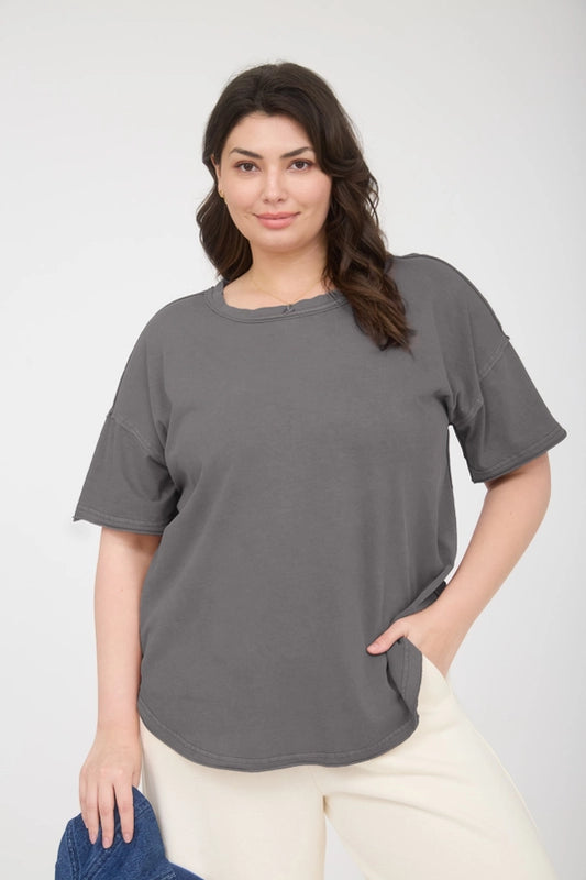 Plus Round Neck Short Sleeve Exposed Seam Knit Top
