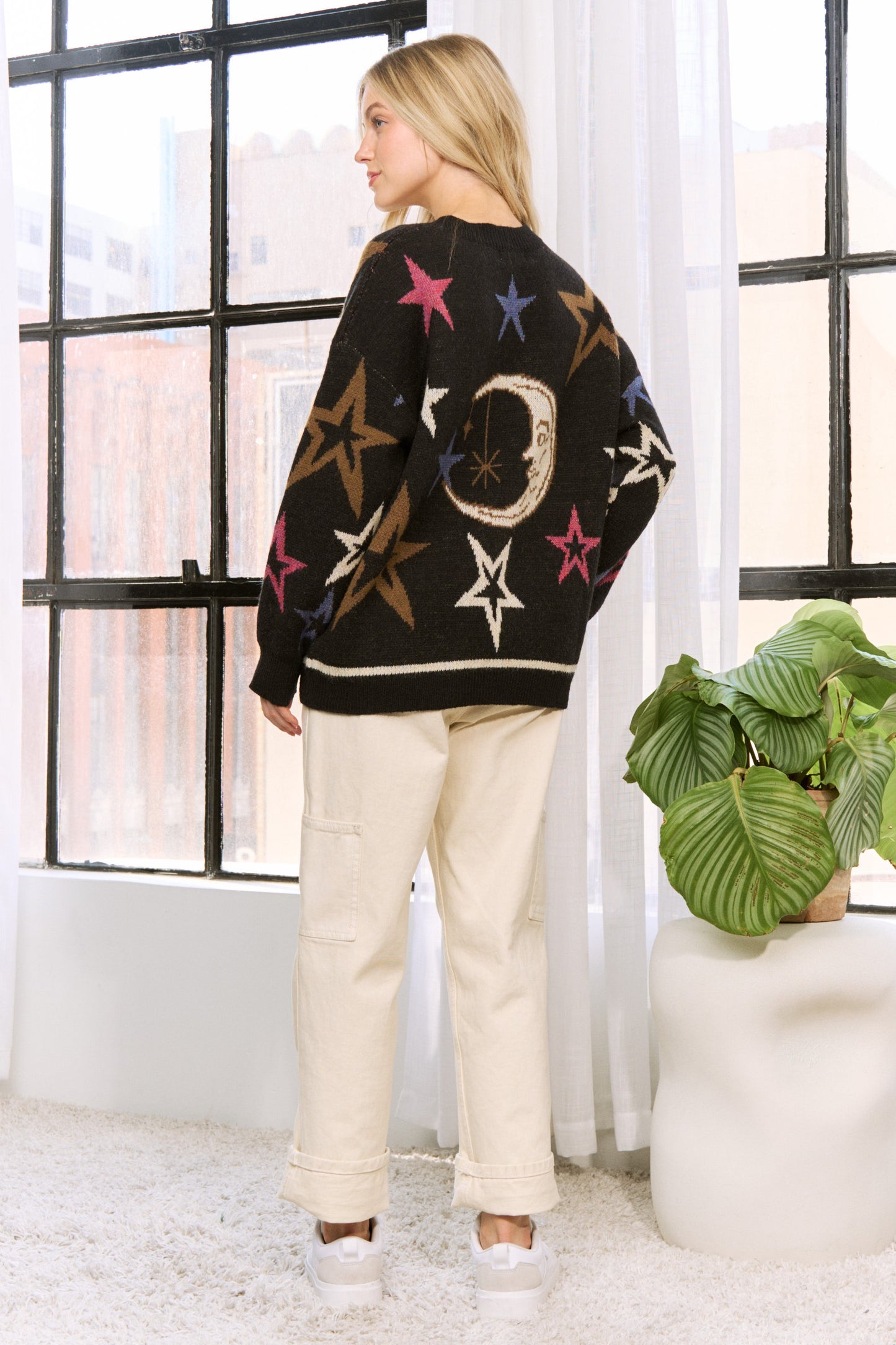 Cozy Moon N Star Pattern Jaquard Sweater Pullover