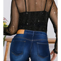 Plus Size Shimmer Textured Mesh Fitted Long Sleeve Top