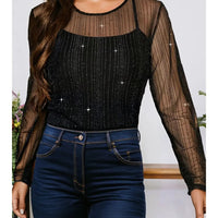 Plus Size Shimmer Textured Mesh Fitted Long Sleeve Top