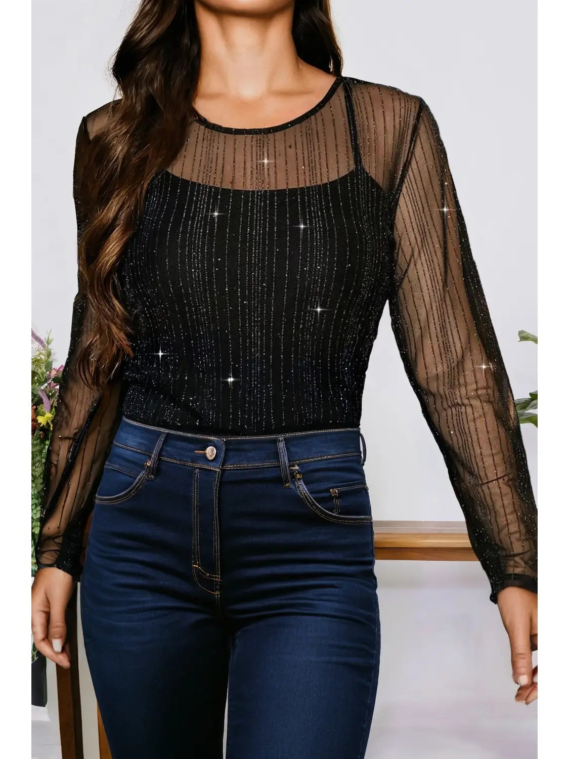 Plus Size Shimmer Textured Mesh Fitted Long Sleeve Top