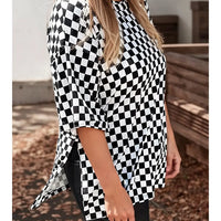 Plus Size Checkered Print Side Slits Round Neck T Shirt