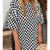 Plus Size Checkered Print Side Slits Round Neck T Shirt