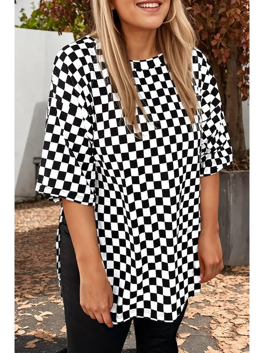 Plus Size Checkered Print Side Slits Round Neck T Shirt
