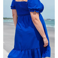 Blue Plus Size Shirred Ruffled Square Neck Mini Dress