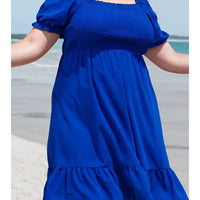 Blue Plus Size Shirred Ruffled Square Neck Mini Dress