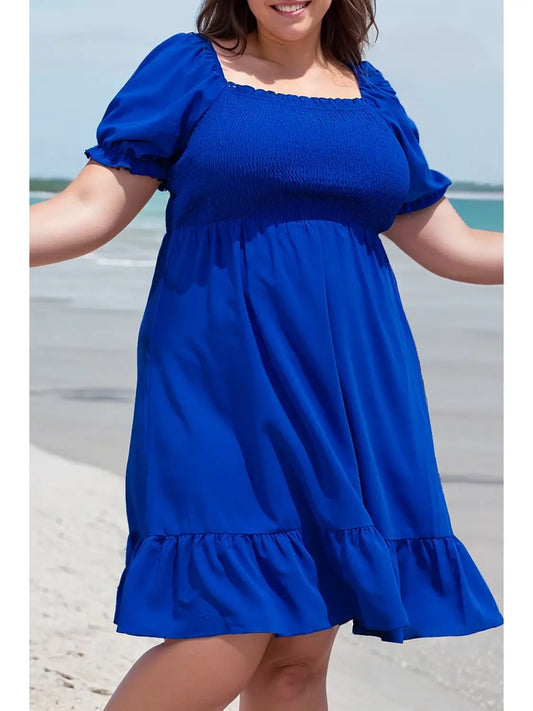 Blue Plus Size Shirred Ruffled Square Neck Mini Dress