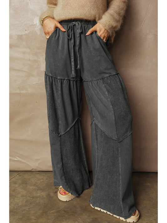 Plus Mineral Wash Tiered Wide Leg Patchwork Drawstring Pants