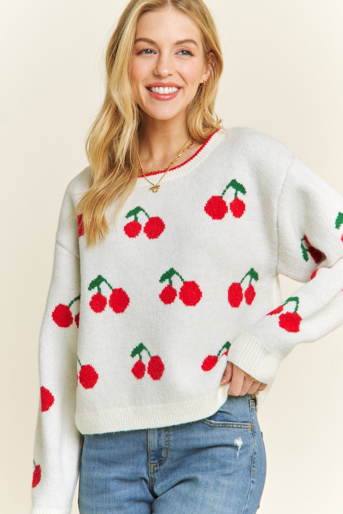 Cherry Jaquard Pullover Sweater