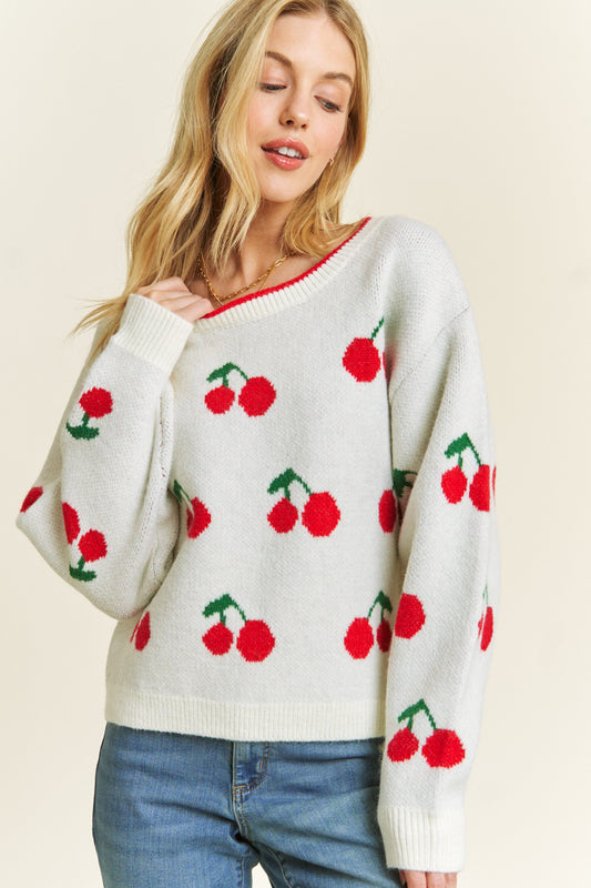 Cherry Jaquard Pullover Plus Sweater