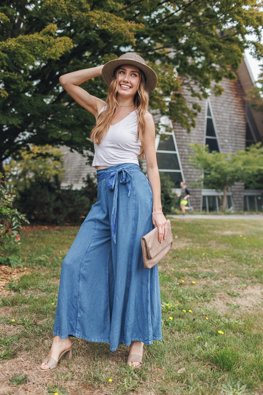 Wide Leg Denim Pants With Tie Belt