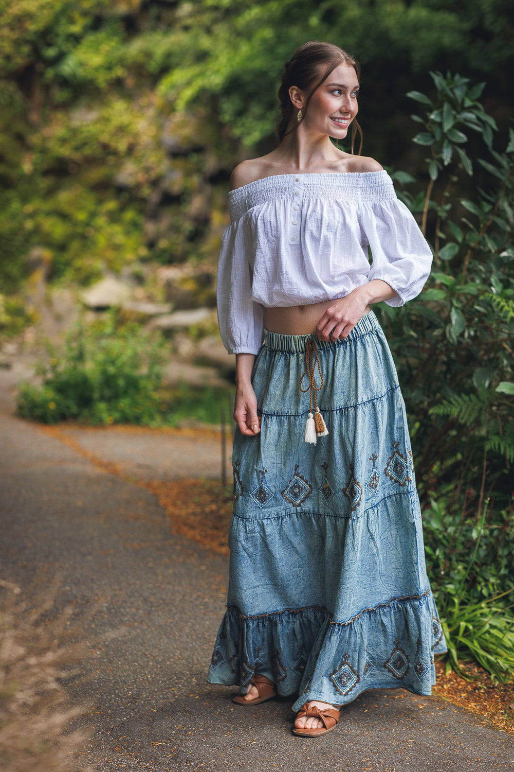 Embroidered Beaded Tiered Skirt Denim