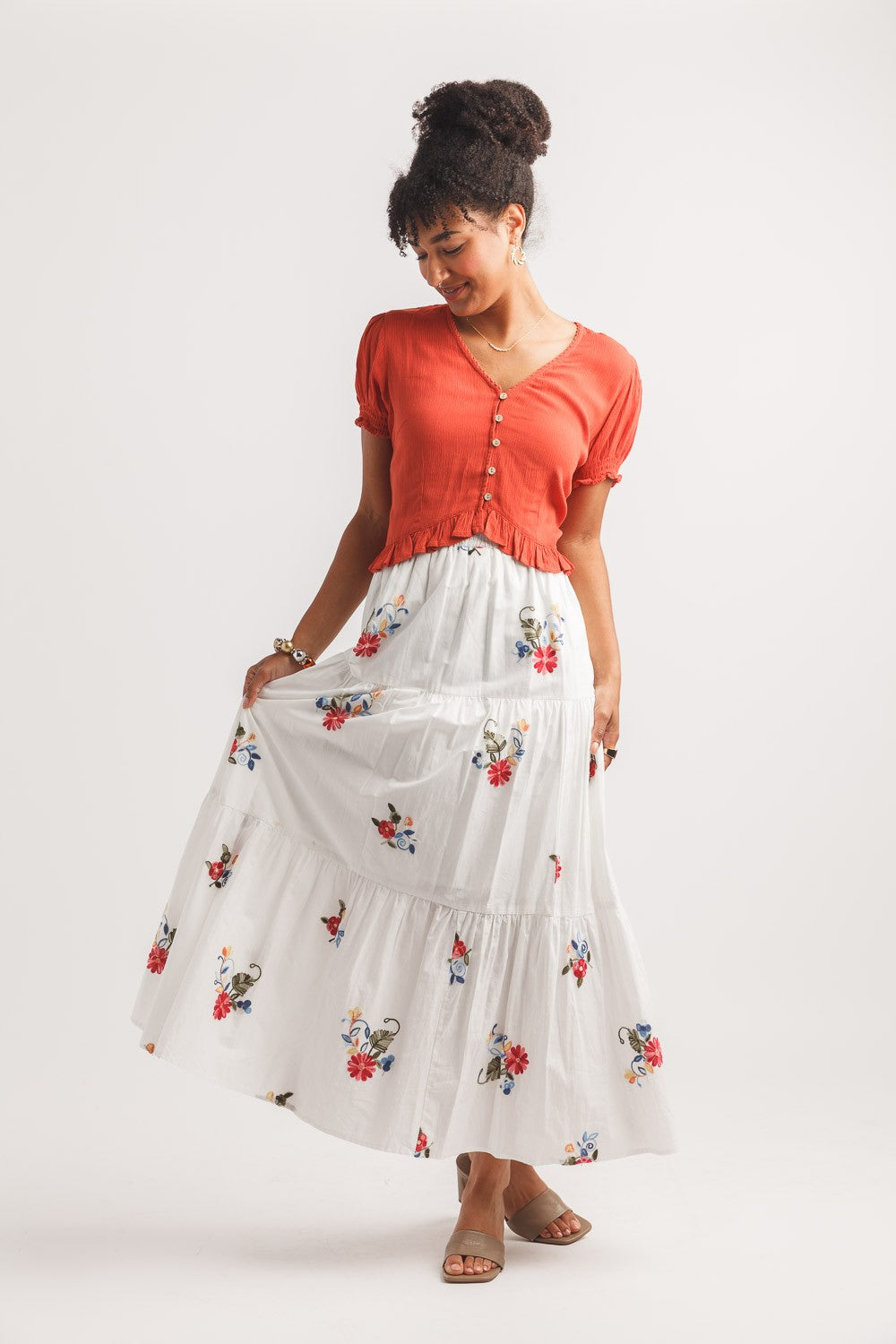 Embroidered Tiered Maxi Skirt