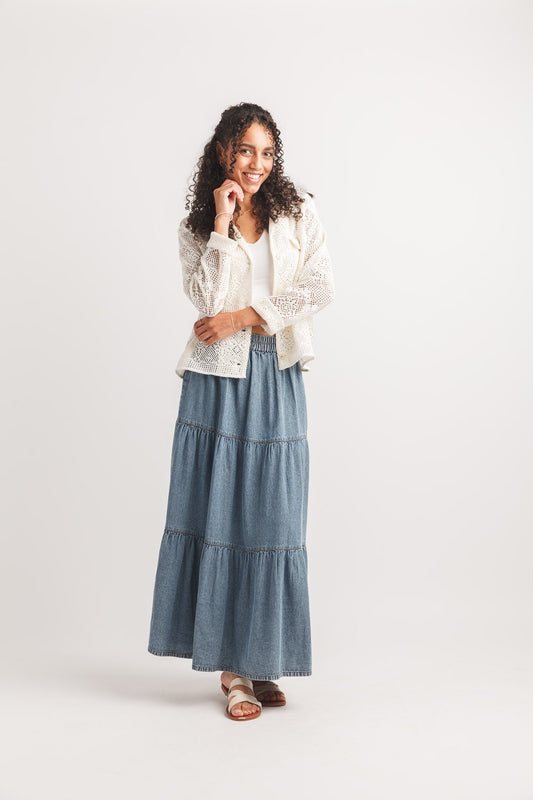 Tiered Denim Maxi Skirt