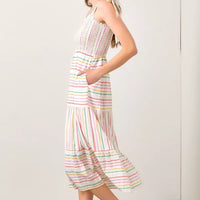 Stripe Strap Shoulder Smocking Dress