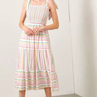 Stripe Strap Shoulder Smocking Dress