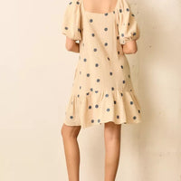 Floral Embroidered Bubble Sleeve Dress