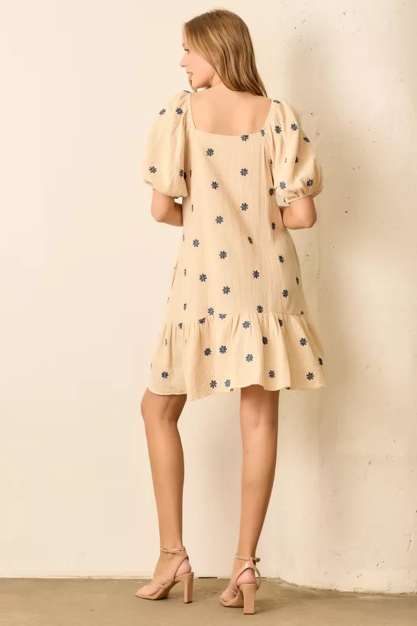 Floral Embroidered Bubble Sleeve Dress