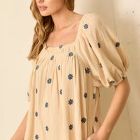 Floral Embroidered Bubble Sleeve Dress