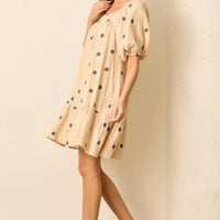 Floral Embroidered Bubble Sleeve Dress