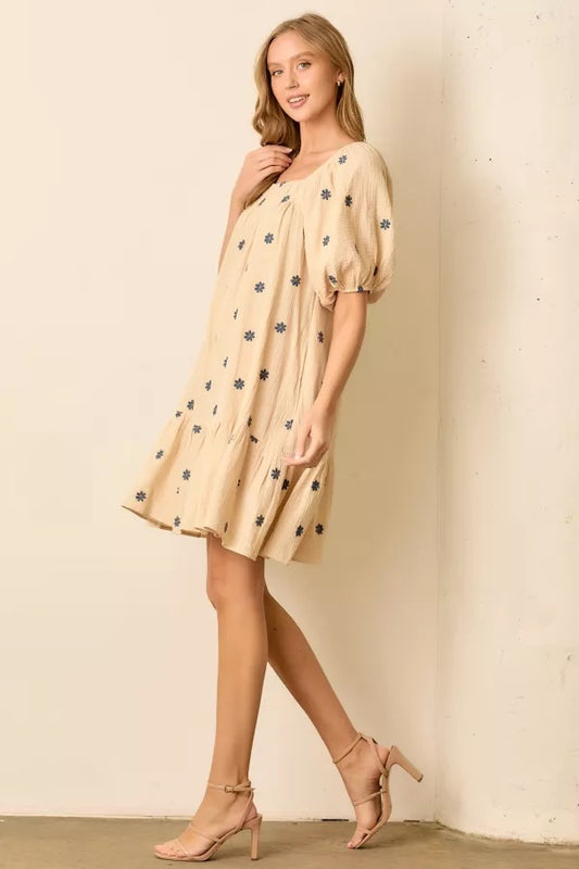 Floral Embroidered Bubble Sleeve Dress