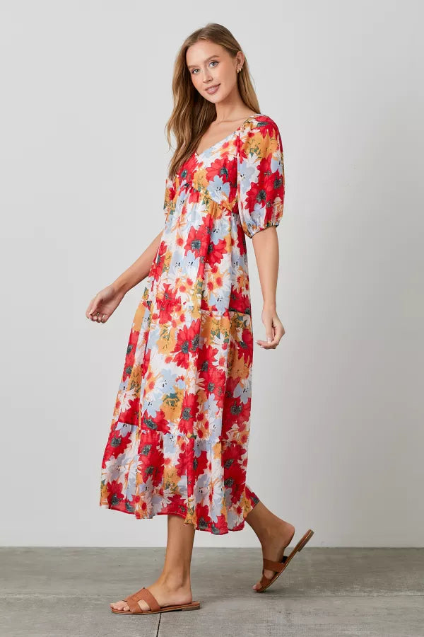 Tiered Puff Slv Midi Dress