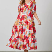 Tiered Puff Slv Midi Dress