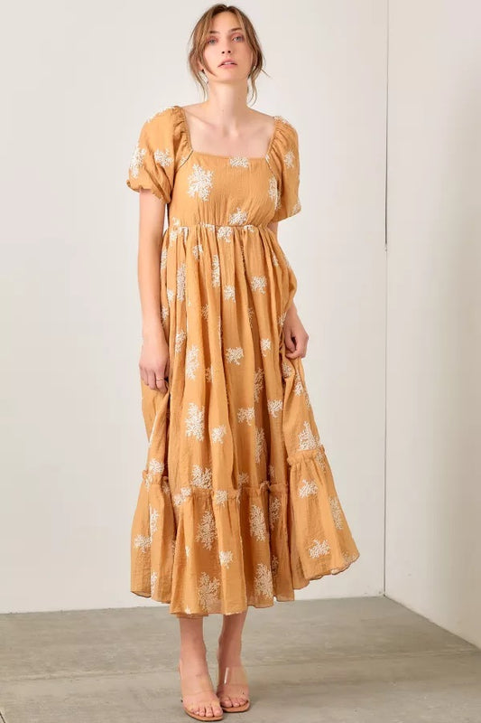 Embroidered Sleeve Square Neck Maxi Dress