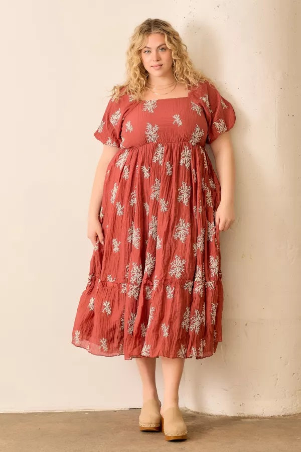 Embroidered Sleeve Square Neck Plus Size Maxi Dress