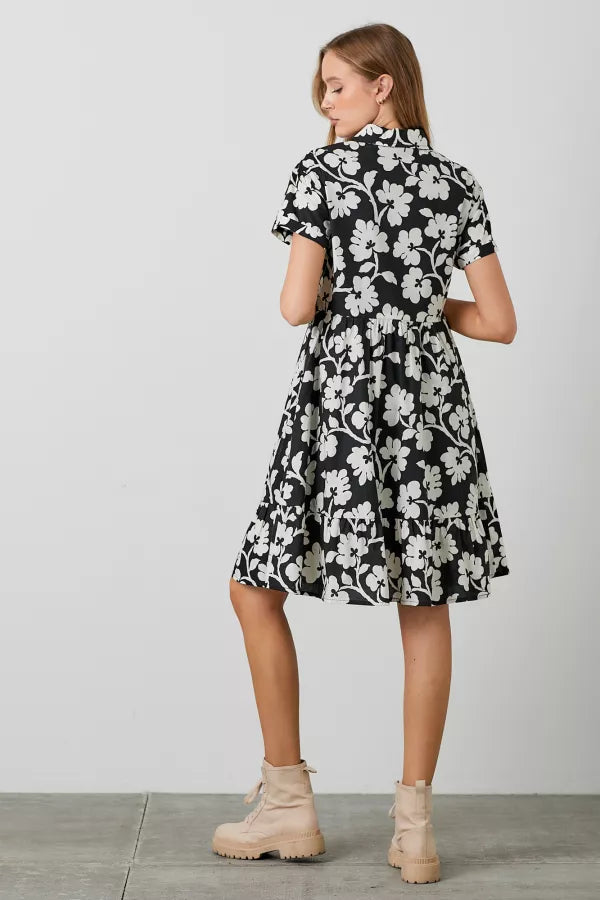 Poplin Printed Midi Tiered Shirt Dress