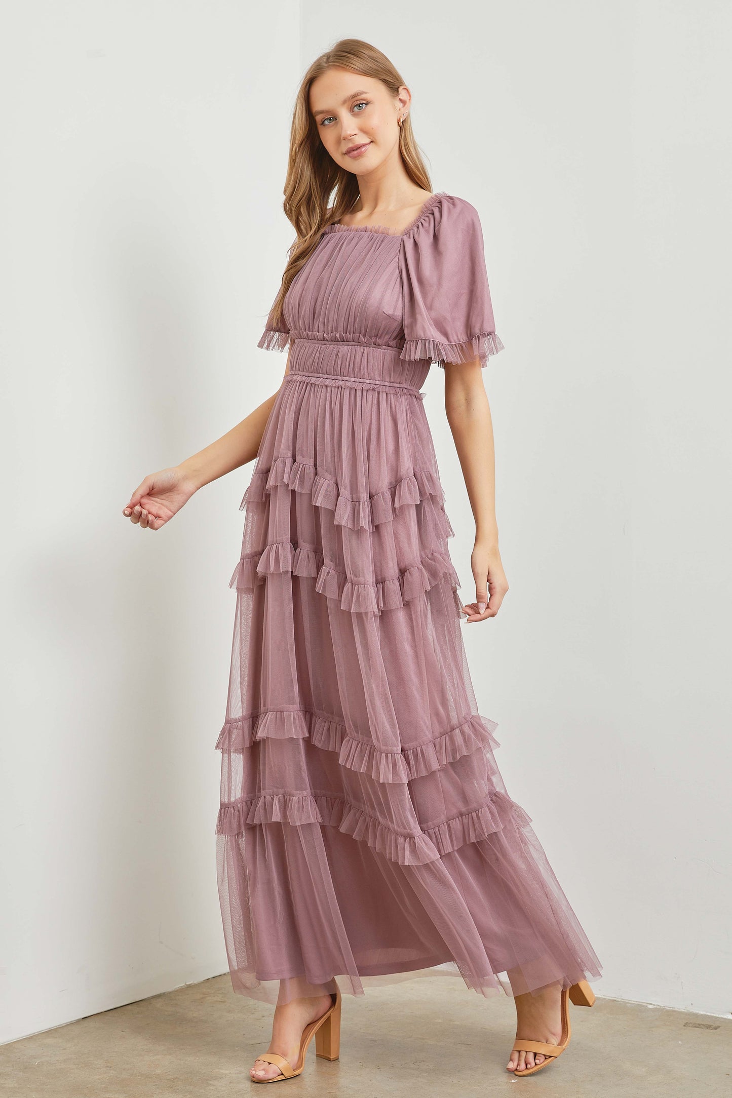 Sheer Ruffle Tiered Tulle Maxi Dress