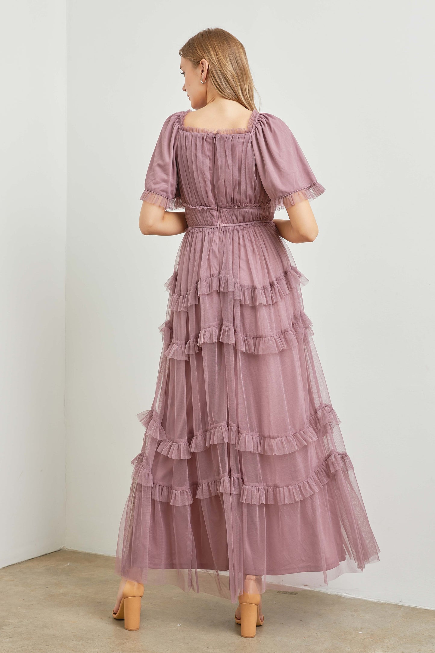 Sheer Ruffle Tiered Tulle Maxi Dress