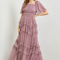 Sheer Ruffle Tiered Tulle Maxi Dress