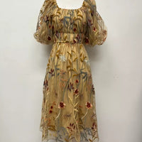Embroidered Mesh Bubble Sleeve Plus Size Dress