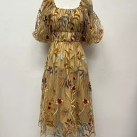 Embroidered Mesh Bubble Sleeve Plus Size Dress