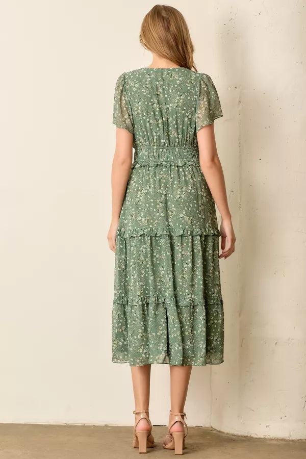 Sage Floral Print V Neck Plus Size Midi Dress