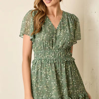 Sage Floral Print V Neck Plus Size Midi Dress