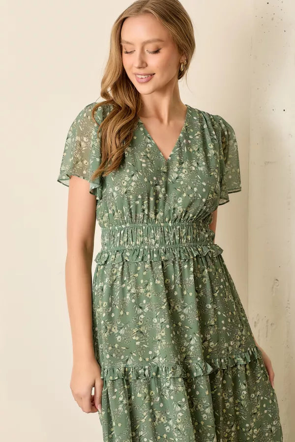 Sage Floral Print V Neck Plus Size Midi Dress