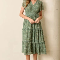 Sage Floral Print V Neck Plus Size Midi Dress